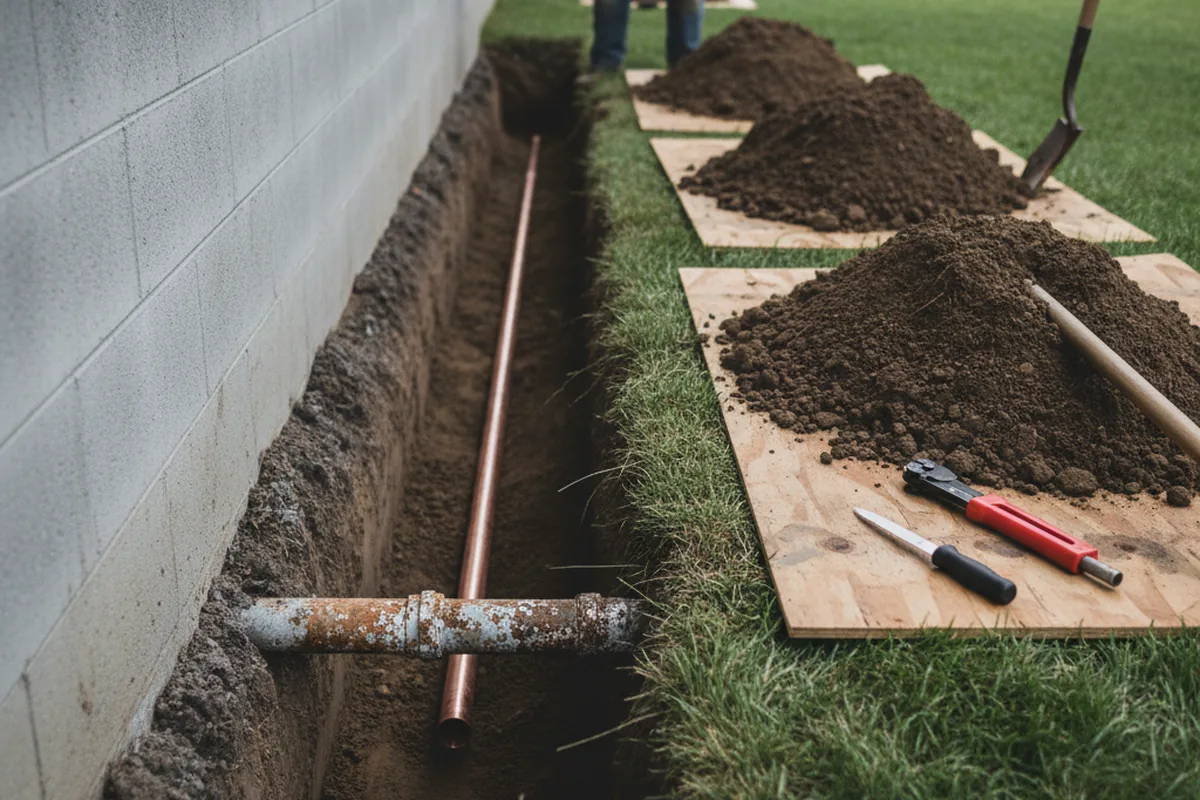 Excavated water line trench during Water Softener Installation in Spring Creek